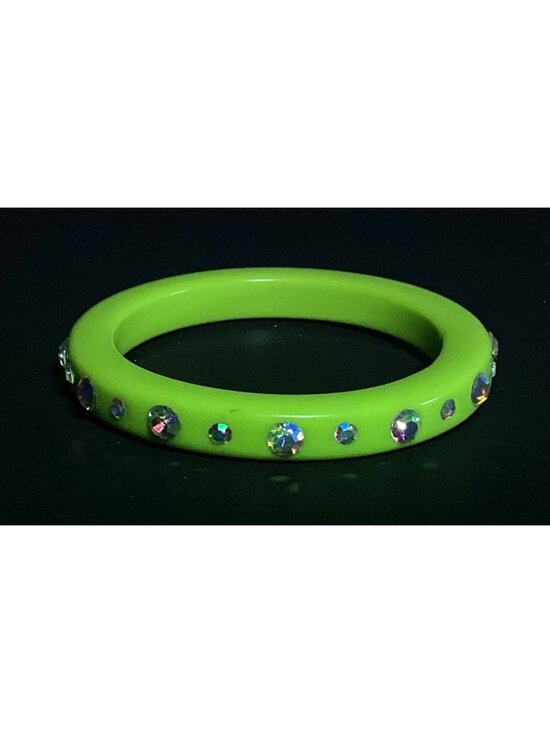Unbranded Jewelry - Vintage Neon Green Square Profile Lucite Bangle Bracelet Rhinestones Glows in UV
